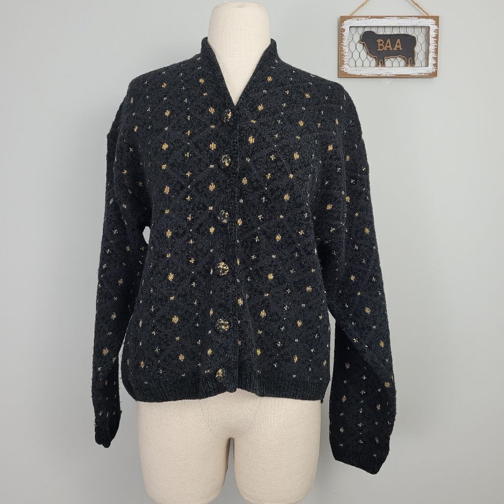 Vtg Express Tricot‎ Wool Blend Sparkle Cardigan Sz M Soft Plush Black Gold Italy